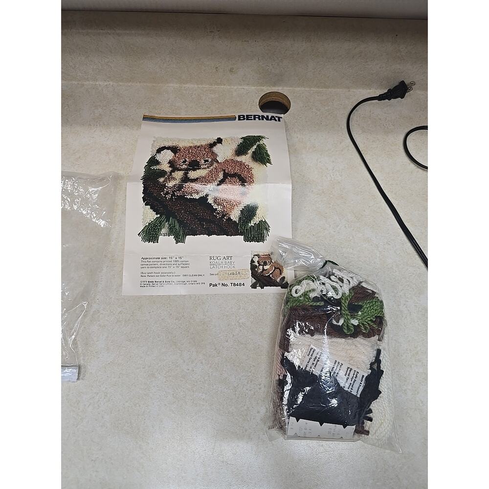 Vintage 1979 Bernat Koala Baby Latch Hook Kit Rug Art 15x15 Retro Wall Decor DIY